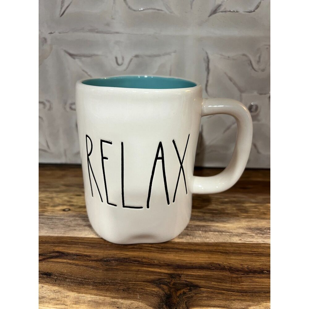 Rae Dunn RELAX 16 oz Mug Blue Interior Magenta Collection